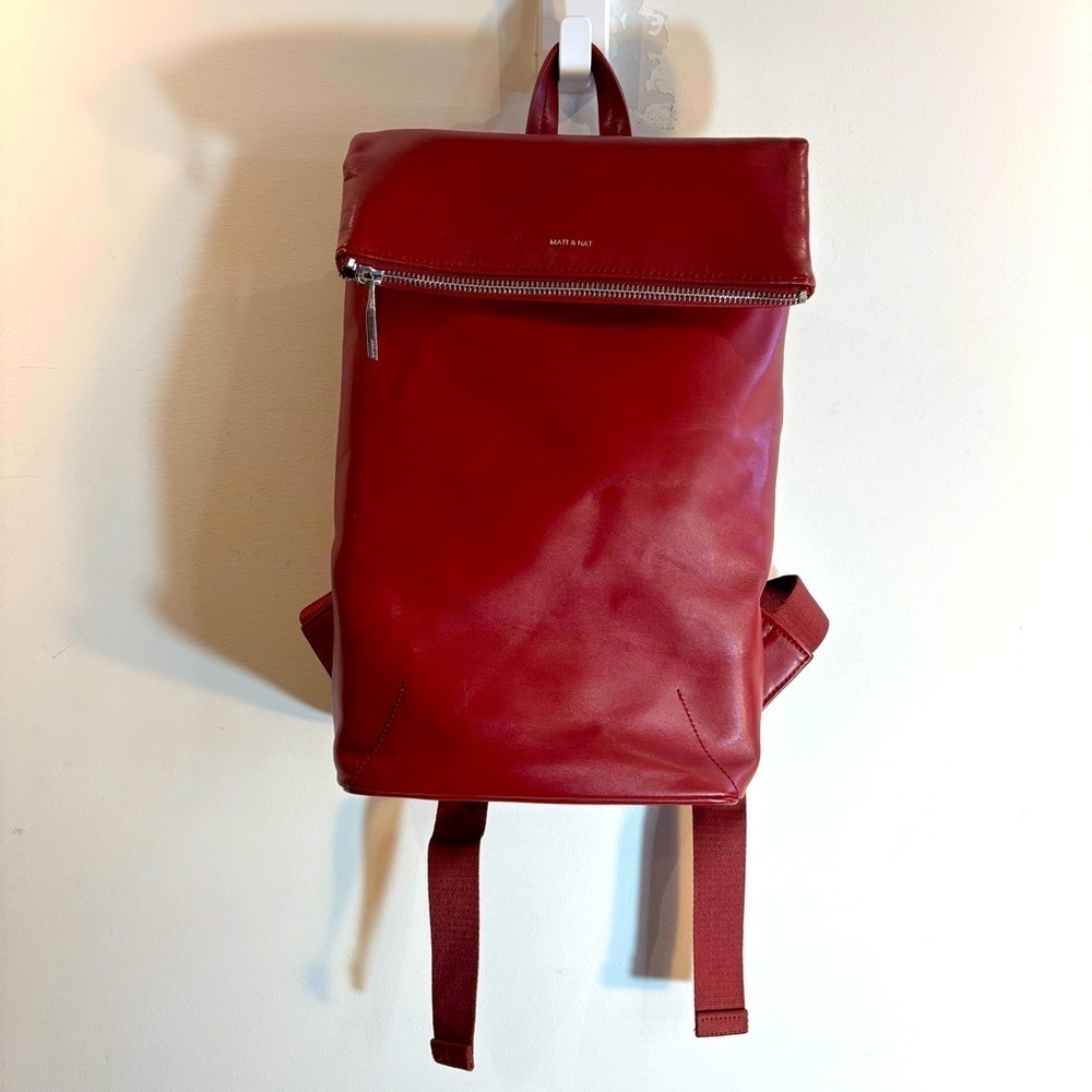 Matt & Nat Red Minimalist Backpack with Top Handle Vegan Leather Side Pocket